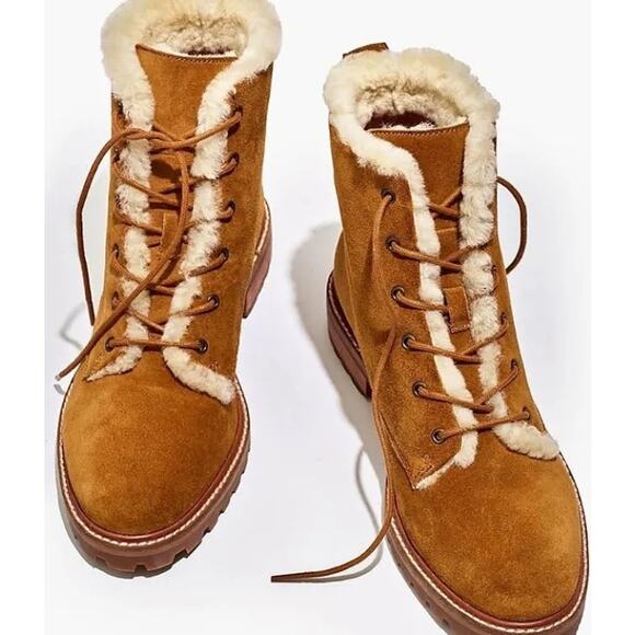 Madewell Boots Lace Up Suede Shearling Winter Combat Chunky Lug Sole Brown Cream - Picture 1 of 11